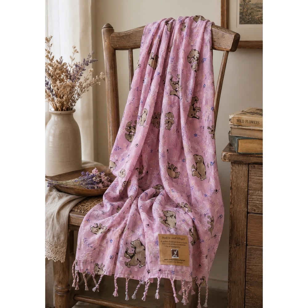 Art Studio Company Pink Bear Print Handmade Tassel Scarf Wrap Shawl Made India